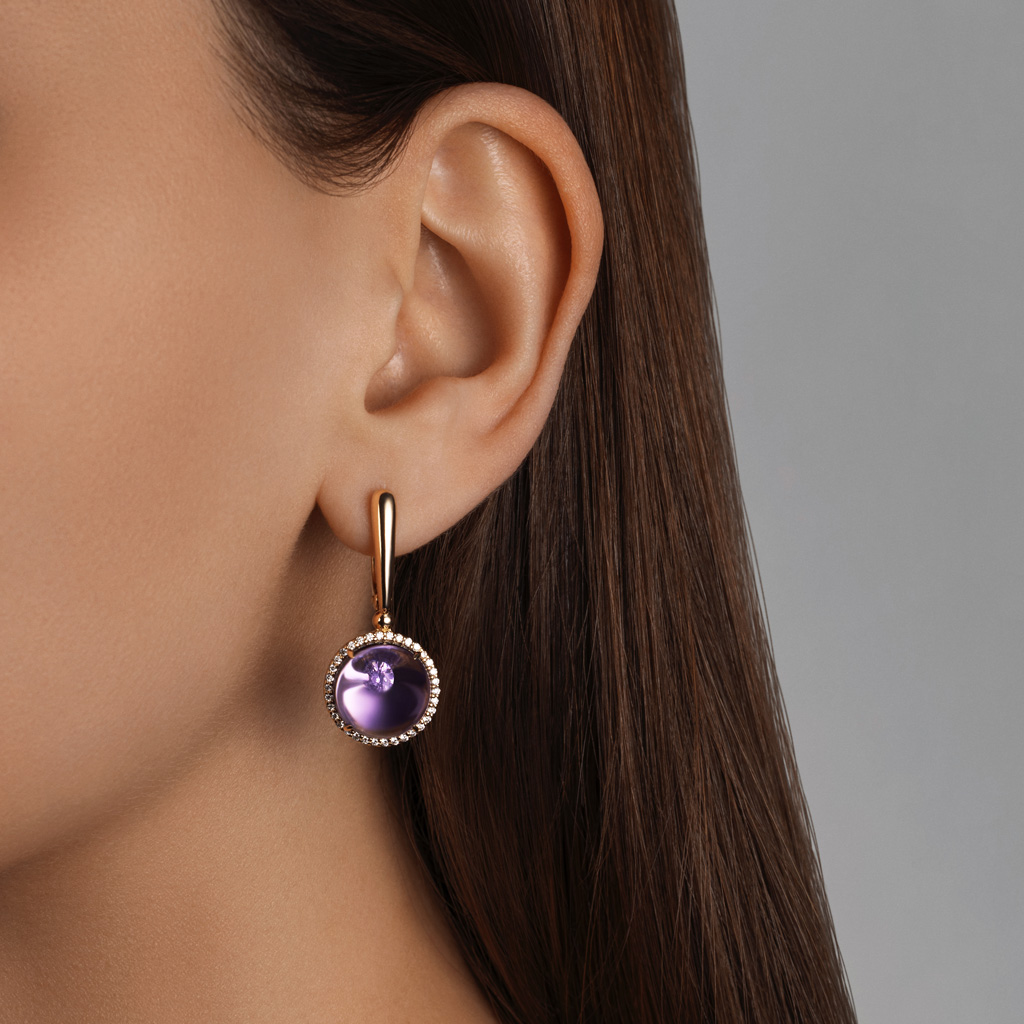 Серьги с английским замком из желтого золота с аметистом