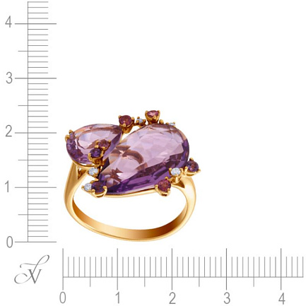 Кольцо из желтого золота с бриллиантами, аметистами