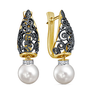 Серьги с английским замком из желтого золота с жемчугом