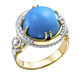 Кольцо из желтого золота с бриллиантами, бирюзой
