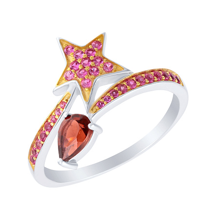 Кольцо из серебра с гранатом, фианитом