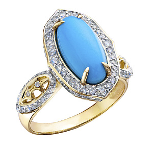Кольцо из желтого золота с бриллиантами, бирюзой