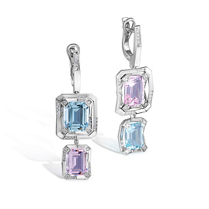 Серьги с английским замком из белого золота с морганитом, аквамарином