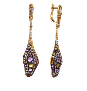 Серьги с английским замком из красного золота с бриллиантами, сапфирами, родолитами, топазами