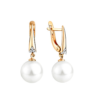 Серьги с английским замком из красного золота с жемчугом и фианитом