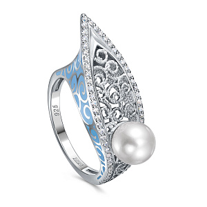 Кольцо из серебра с жемчугом, фианитами