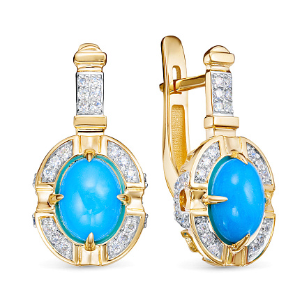 Серьги из желтого золота с бриллиантами, бирюзой