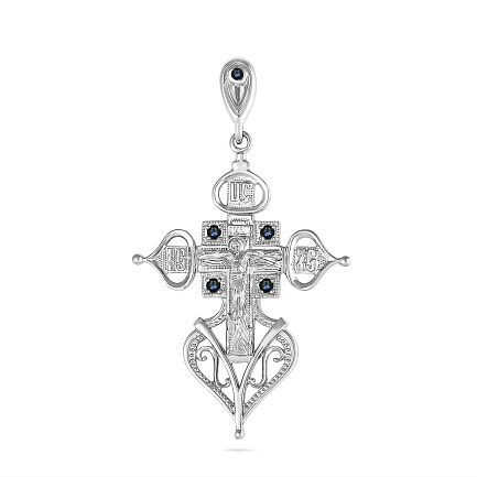 Крест из белого золота с бриллиантом, сапфирами