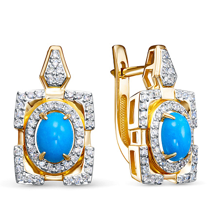 Серьги из желтого золота с бриллиантами, бирюзой