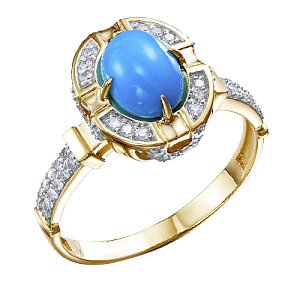 Кольцо из желтого золота с бриллиантами, бирюзой