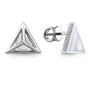 Асимметричные пусеты из белого золота с бриллиантами, перламутром