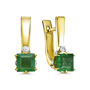 Серьги с английским замком из желтого золота с изумрудом