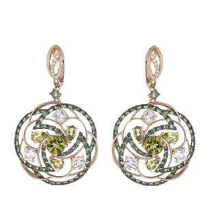 Серьги из желтого золота с бриллиантами, цаворитами, перидотами, празиолитами