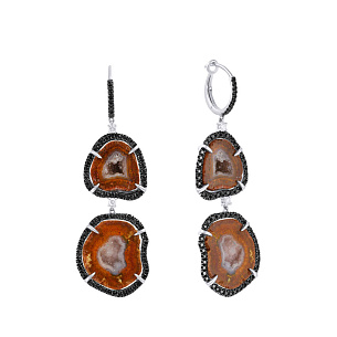 Серьги с английским замком из белого золота с бриллиантами, жеодами