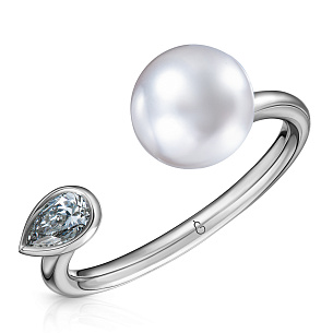 Кольцо из белого золота с жемчугом, бриллиантом