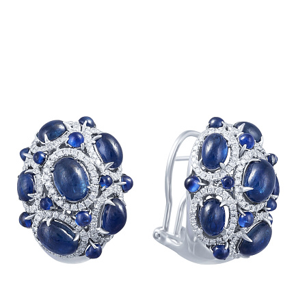 Серьги из белого золота с бриллиантами, сапфирами