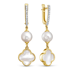 Серьги с английским замком из желтого золота с жемчугом