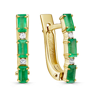 Серьги с английским замком из желтого золота с изумрудом