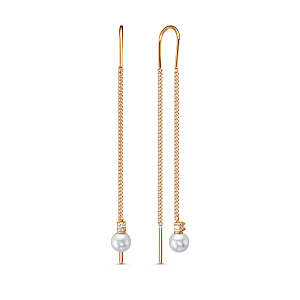 Серьги из красного золота с жемчугом, фианитами