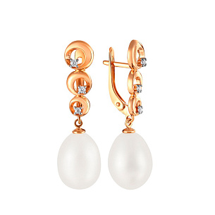 Серьги с английским замком из красного золота с жемчугом и фианитом