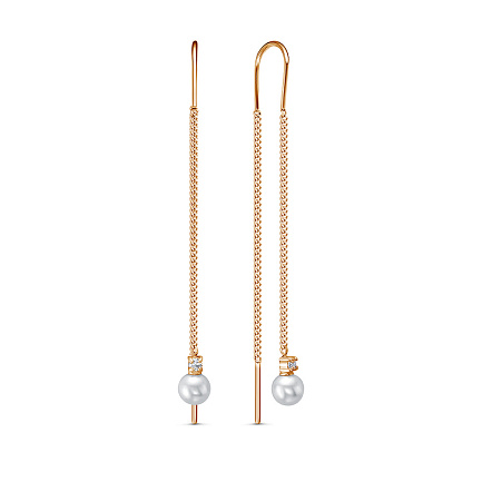 Серьги из красного золота с жемчугом, фианитами