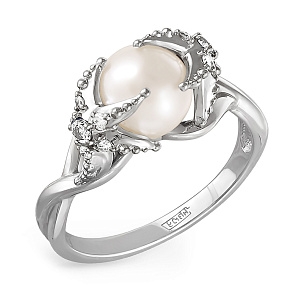 Кольцо из серебра с жемчугом, фианитами