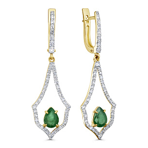 Серьги с английским замком из желтого золота с изумрудом