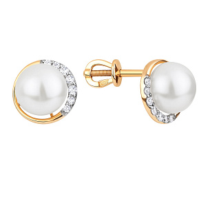 Пусеты из красного золота с жемчугом и фианитом