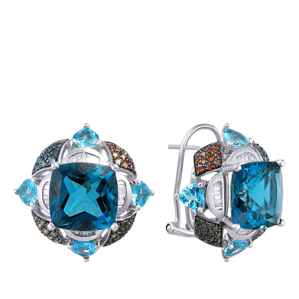 Серьги из белого золота с бриллиантами, топазами