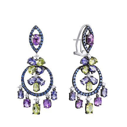 Серьги из белого золота с бриллиантами, аметистами