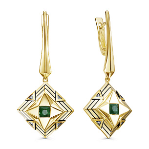 Серьги с английским замком из желтого золота с изумрудом