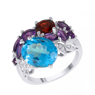 Кольцо из белого золота с бриллиантами, гранатом, топазом, аметистами