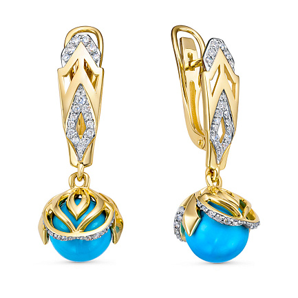 Серьги из желтого золота с бриллиантами, бирюзой
