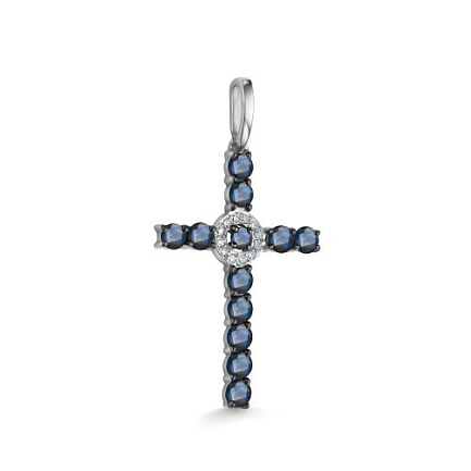 Крест из белого золота с бриллиантами, сапфиром