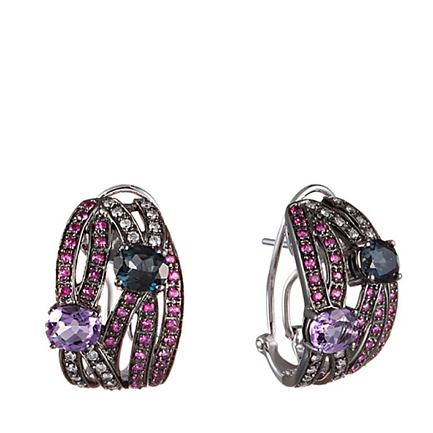 Серьги из комбинированного золота с бриллиантами, сапфирами