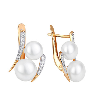 Серьги с английским замком из красного золота с жемчугом и фианитом