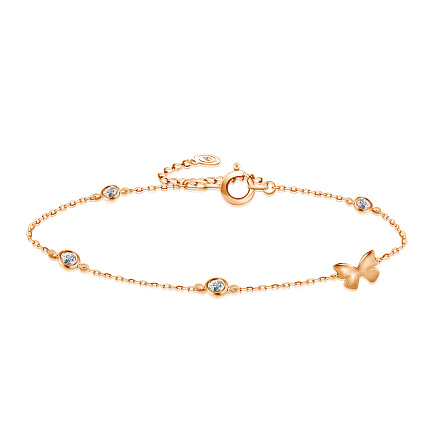 Браслет декоративный из красного золота с фианитом, плетение якорное