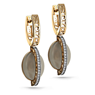 Серьги с английским замком из желтого золота с лунным камнем