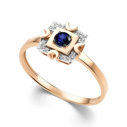 Кольцо из красного золота с бриллиантами, сапфиром