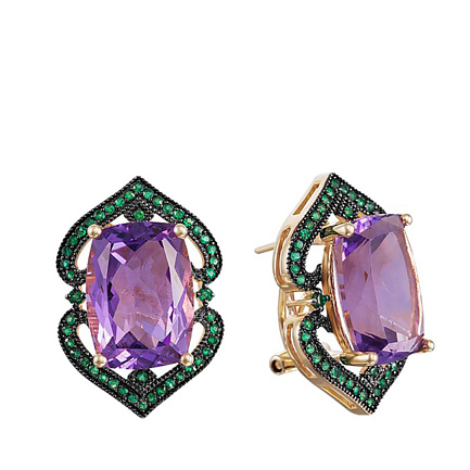 Серьги из желтого золота с аметистами, изумрудами