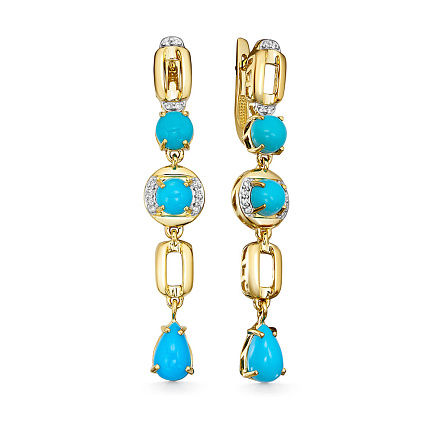 Серьги из желтого золота с бриллиантами, бирюзой