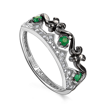 Кольцо из серебра с изумрудами, фианитами
