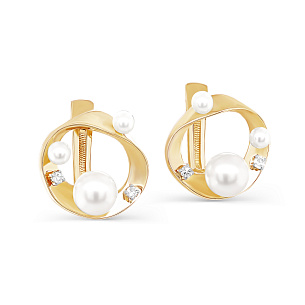 Серьги с английским замком из желтого золота с жемчугом