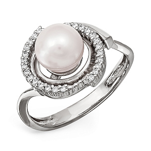 Кольцо из серебра с фианитами, жемчугом