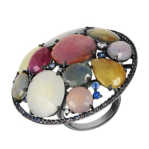 Кольцо из черненого золота с бриллиантами, корундами, сапфирами