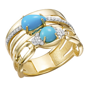 Кольцо из желтого золота с бриллиантами, бирюзой