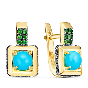 Серьги из желтого золота с бриллиантами, бирюзой