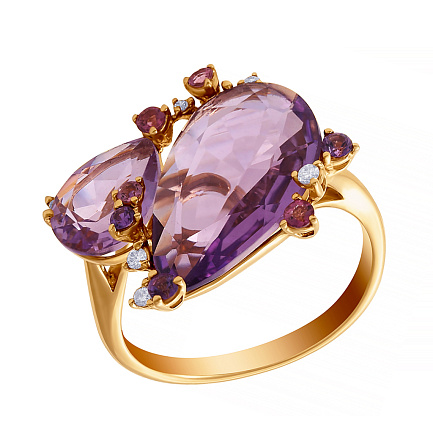 Кольцо из желтого золота с бриллиантами, аметистами