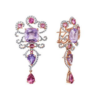 Серьги из красного золота с бриллиантами, турмалинами, аметистами