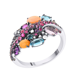 Кольцо из белого золота с бриллиантами, сапфирами, цветными